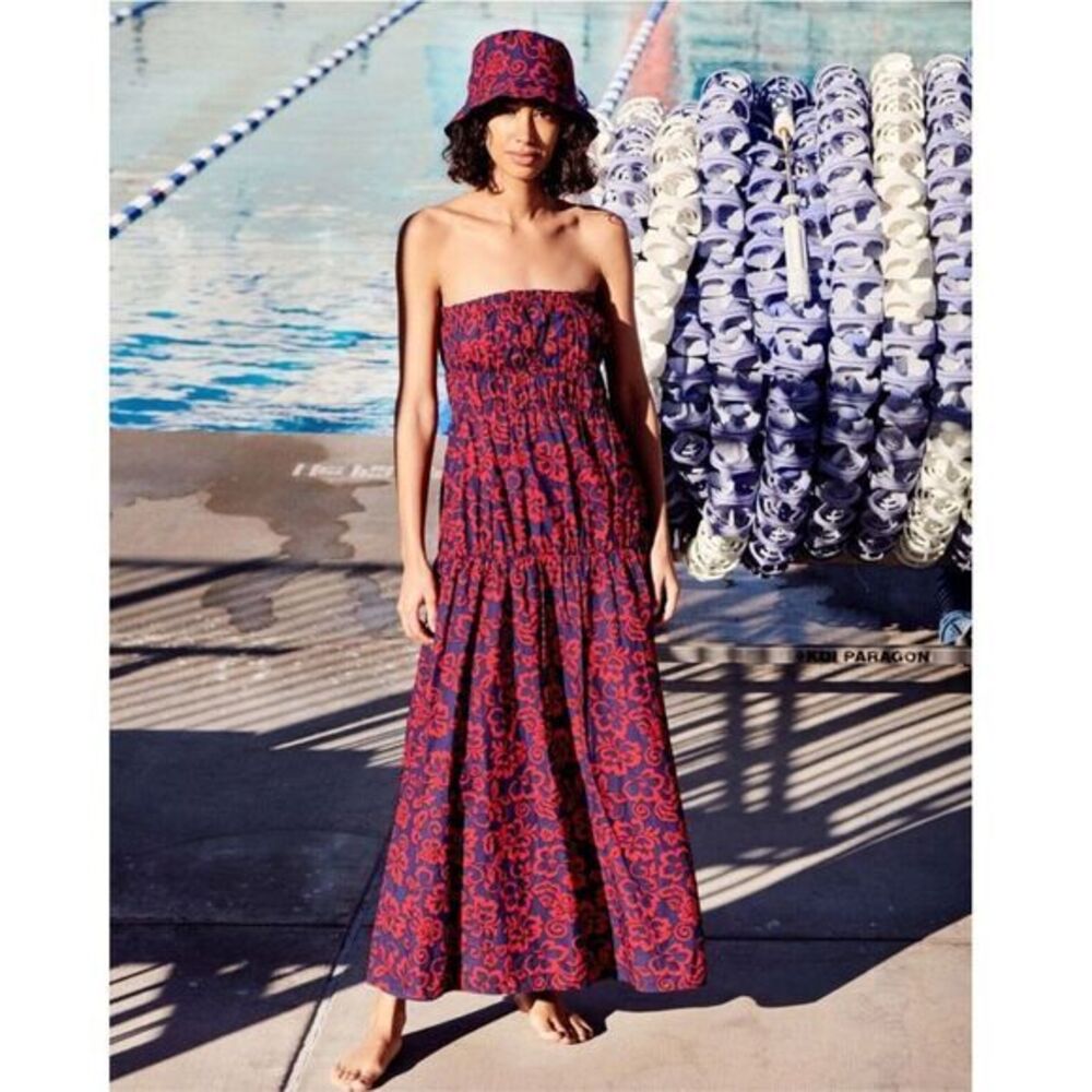 NWT Sundry Dress 3 Blue Red Floral Tiered Strapless Maxi Aloha Anthropologie